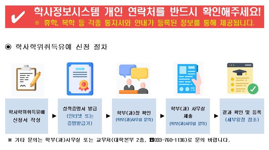 학사정보시스템 개인 연락처를 반드시 확인해주세요!  ※ 휴학, 복학 등 각종 통지서와 안내가 등록된 정보를 통해 제공됩니다.  ⊙ 학사학위취득유예 신청 절차   학사학위취득유예 신청서 작성 &rarr; 성적증명서 발급 (인터넷 또는 증명발급기) &rarr; 학부(과)장 확인 (학부(과)사무실 문의) &rarr; 학부(과)사무실 제출 (학부(과)사무실 문의) &rarr; 결과 확인 및 등록 (세부일정 참고)  ※ 기타 문의는 학부(과)사무실 또는 교무처(대학본부 2층, ☎033-760-1136)로 문의 바랍니다.